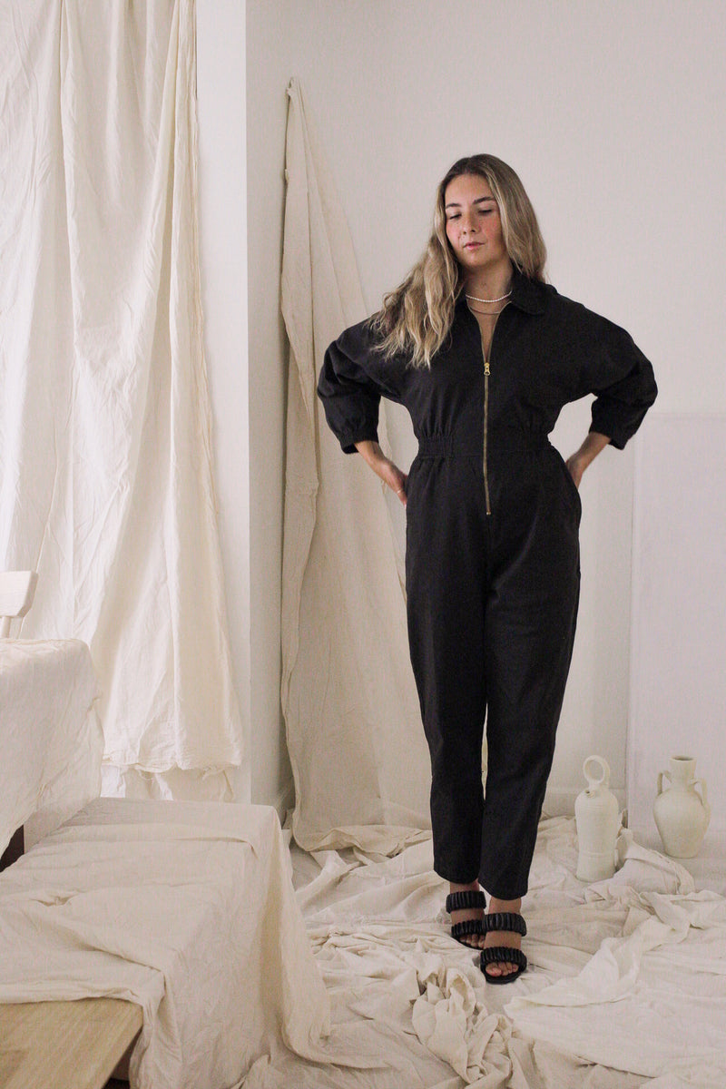 Sola Relaxed Sleeve Zipper Jumpsuit - Black Forest